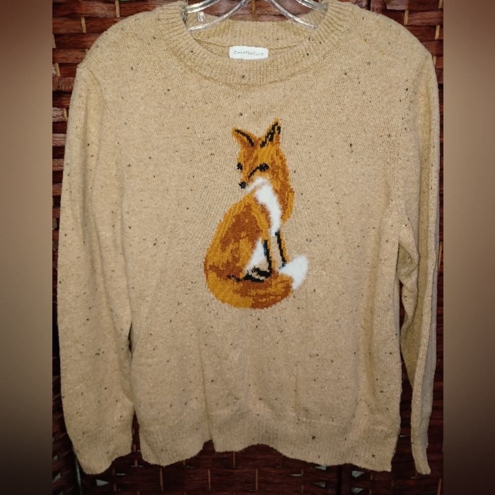 Charter Club Beige Fox Intarsia Crewneck Sweater